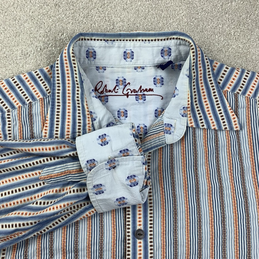 Robert Graham Button Down Mens L Blue Orange Striped Long Sleeve Cotton Shirt
